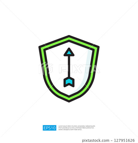 Stylized shield icon with an arrow symbolizing defense and protection in a modern minimalist design with vibrant colors and clear geometric lines Stylized shield icon with an arrow symbolizing defense and protection in a modern minimalist design with vibrant colors and clear geometric lines 127951626