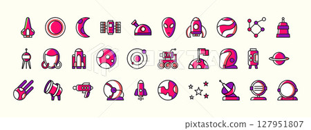Collection of Colorful Space Icons Representing Various Celestial Elements and Exploration Themes 127951807