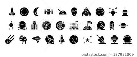 Collection of Space Icons Depicting Planets, Stars, and Astronomical Phenomena in a Minimalist Style Collection of Space Icons Depicting Planets, Stars, and Astronomical Phenomena in a Minimalist Style 127951809