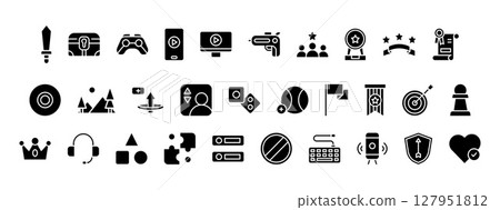 Collection of Black Game Themed Icons Representing Various Elements of Gaming Culture Including Consoles, Controllers, and Symbols Associated with Interactive Entertainment and Fun Leisure Activities 127951812