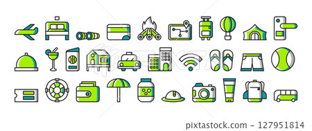 Travel Icons Representing Vacation Adventure Activities Including Airplane, Hotel, Nature Exploration and Camping 127951814