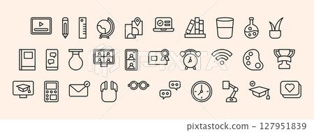 Collection of Minimalist Educational Icons Representing Home Schooling and Learning Tools for Engaging Educational Experiences 127951839
