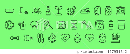 Collection of Fitness and Health Lifestyle Icons Representing Activities and Wellness Elements in a Vibrant Color Scheme 127951842