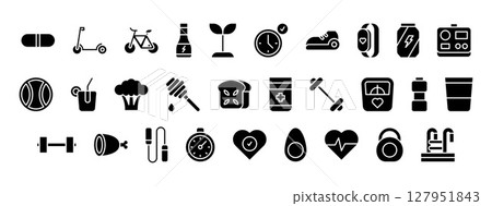 Modern Minimalist Icons Representing Health And Fitness Lifestyle Elements For Wellness And Exercise Activities Modern Minimalist Icons Representing Health And Fitness Lifestyle Elements For Wellness And Exercise Activities 127951843