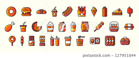 A collection of colorful food and drink icons, featuring items like burgers, ice cream, drinks, and snacks, designed for use in menus or food-related graphics. 127951844