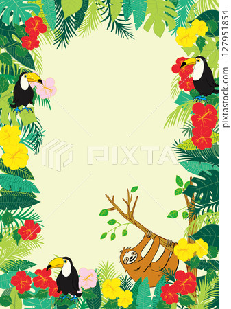 Sloth, toucan and tropical plants frame 1 127951854