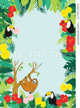 Sloth, toucan and tropical plants frame 2 Sloth, toucan and tropical plants frame 2 127951855