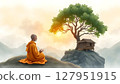 an old Thai monk meditating alone at the top of a misty mountain. A small bamboo hut stands nearby under a large tree 127951915