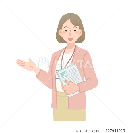 Vector illustration of a female employee holding a document and giving an explanation Vector illustration of a female employee holding a document and giving an explanation 127951925