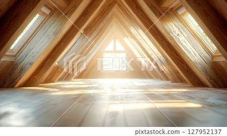 Sunlight pours into the bright attic of a wooden house Sunlight pours into the bright attic of a wooden house 127952137