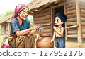 an elderly Thai woman offering a small aluminum water dipper (kan) to a tired young boy beside a clay water jar in front of a wooden rural house. 127952176