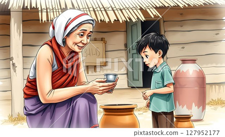 an elderly Thai woman offering a small aluminum water dipper (kan) to a tired young boy beside a clay water jar in front of a wooden rural house. an elderly Thai woman offering a small aluminum water dipper (kan) to a tired young boy beside a clay water jar in front of a wooden rural house. 127952177