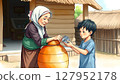an elderly Thai woman offering a small aluminum water dipper (kan) to a tired young boy beside a clay water jar in front of a wooden rural house. 127952178