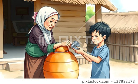 an elderly Thai woman offering a small aluminum water dipper (kan) to a tired young boy beside a clay water jar in front of a wooden rural house. 127952178