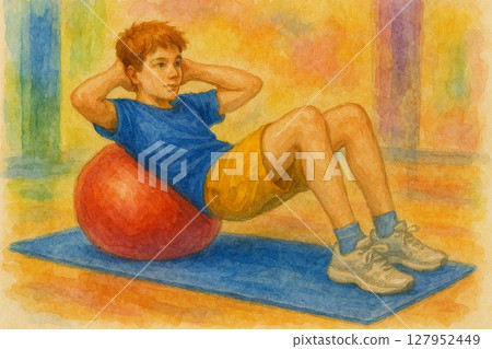 水彩畫風格 孩子的進步 健康的身體運動/開胸訓練 核心肌膚團體/健康童年運動日常生活 127952449