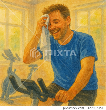 水彩風格室內健身插畫 | 運動後大汗淋漓的微笑男人，在健身車上鍛鍊的微笑男人 127952451