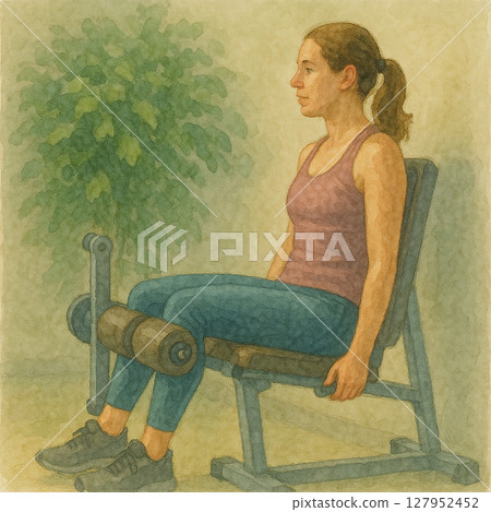 Watercolor illustration of female fitness | Thigh training / leg extension exercise female illustration 127952452