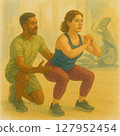 Training assistance deep kneeling training painting | Physical fitness, watercolor style, squat instruction landscape illustration 127952454