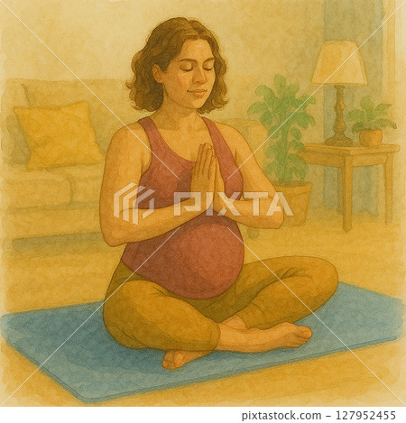 孕婦冥想繪畫 | 孕婦冥想練習 | 孕婦瑜珈/冥想/插畫素材 127952455