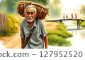 an elderly Thai man carrying a bamboo basket on his back, walking along a rural dirt path beside a quiet river.  127952520