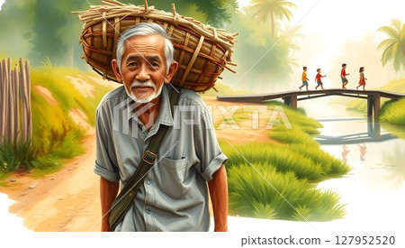 an elderly Thai man carrying a bamboo basket on his back, walking along a rural dirt path beside a quiet river.  127952520