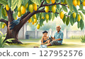 an elderly Thai man sitting quietly under a large mango tree in a rural backyard, with a spotted dove (peaceful bird) perched on a branch nearby. 127952576