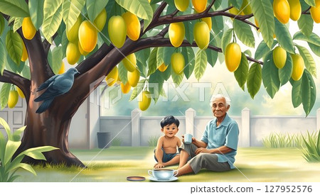 an elderly Thai man sitting quietly under a large mango tree in a rural backyard, with a spotted dove (peaceful bird) perched on a branch nearby. an elderly Thai man sitting quietly under a large mango tree in a rural backyard, with a spotted dove (peaceful bird) perched on a branch nearby. 127952576