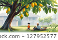 an elderly Thai man sitting quietly under a large mango tree in a rural backyard, with a spotted dove (peaceful bird) perched on a branch nearby. 127952577