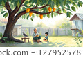 an elderly Thai man sitting quietly under a large mango tree in a rural backyard, with a spotted dove (peaceful bird) perched on a branch nearby. 127952578