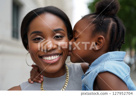 Mother and Daughter Share a Joyful Moment Outdoors With Smiles and Affection in the City Park 127952704