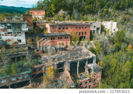 An abandoned mining and processing facility sits in disrepair, with crumbling structures overtaken by nature. An abandoned mining and processing facility sits in disrepair, with crumbling structures overtaken by nature. 127953021