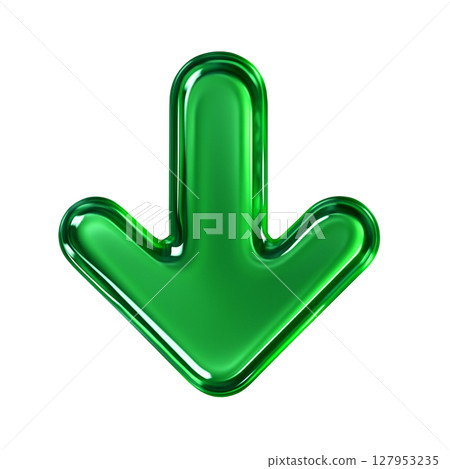光澤的綠色向下箭頭圖標，三維設計的向下箭頭，玻璃狀的綠色箭頭標記 127953235
