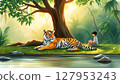 a majestic tiger lying peacefully under a large tree beside a calm jungle stream, with a Thai man sitting nearby 127953243