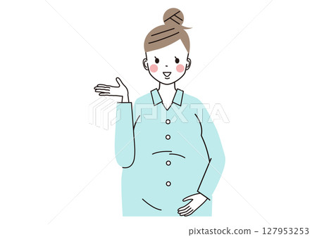 一位微笑的孕婦做「請」姿勢的插圖（上半身） 127953253