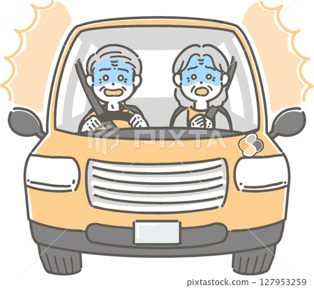 Illustration of an elderly person driving a car with a surprised and pale expression Illustration of an elderly person driving a car with a surprised and pale expression 127953259