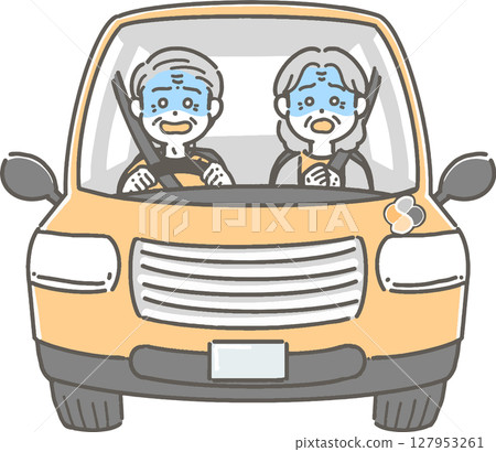 Illustration of an elderly person driving a car with a surprised and pale expression Illustration of an elderly person driving a car with a surprised and pale expression 127953261