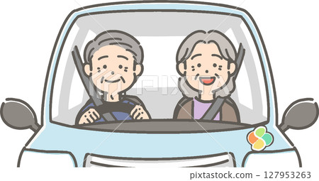 一對老年夫婦駕駛汽車的插圖 127953263