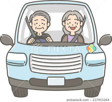 一對老年夫婦駕駛汽車的插圖 127953264