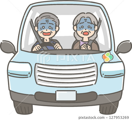 Illustration of an elderly person driving a car with a surprised and pale expression 127953269