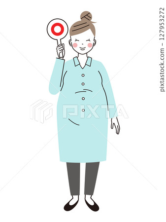 一位孕婦微笑著舉著圓形標語牌的插圖 127953272
