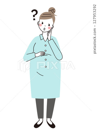 Full-body illustration of a pregnant woman thinking about something she doesn't understand 127953292