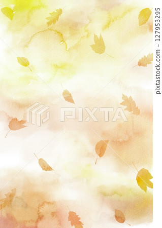 A fantastical landscape with autumn leaves falling against a watercolor background. An autumnal illustration using yellow and brown colors. A fantastical landscape with autumn leaves falling against a watercolor background. An autumnal illustration using yellow and brown colors. 127953295