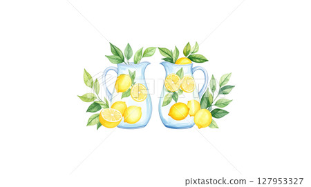 Fresh lemon slices in juice. Healthy organic citrus fruit rich in vitamin C isolated on white background 127953327