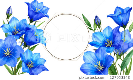 Beautiful floral frame with blooming blue and purple flowers. 127953348