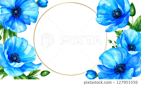 Beautiful floral frame with blooming blue and purple flowers. 127953350