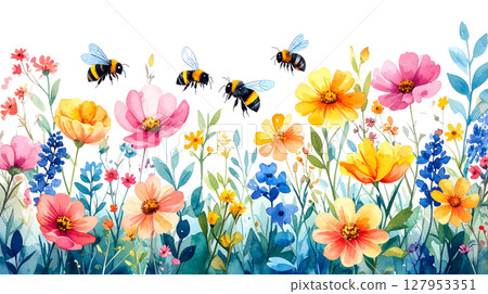 Colorful spring flowers, including tulips, bloom beautifully in a garden on a white background. 127953351