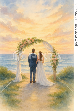 Seaside Romantic Wedding Picture | Newlywed Couple Under the Sunset Beach Wedding Illustration Wedding 127953363