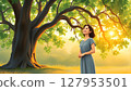 Thai woman in simple traditional dress standing under the tree 127953501