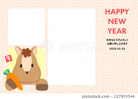 A simple 2026 Year of the Horse photo New Year's card with a cute horse peeking out of the window 127953544