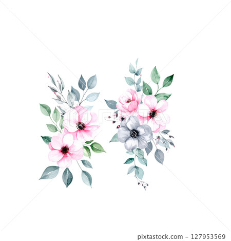 Spring pink flowers with green leaves on white background Spring pink flowers with green leaves on white background 127953569